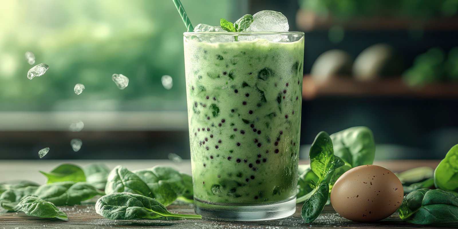 Refreshing green smoothie with spinach and chia seeds in a glass on a wooden table in bright kitchen light